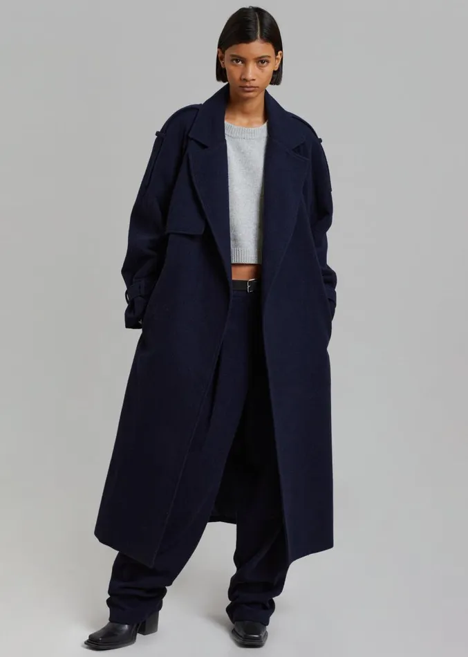 The Frankie Shop Suzanne Wool Trench Coat 8211 Navy Women Clothing