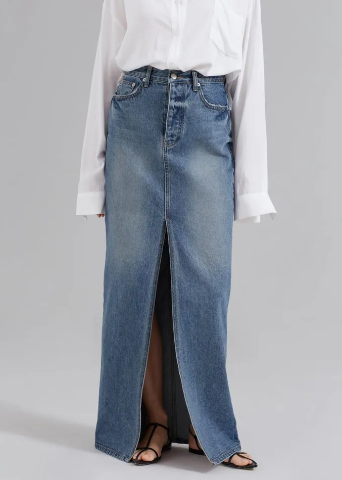 The Frankie Shop Texas Denim Pencil Skirt 8211 Medium Wash Women Clothing