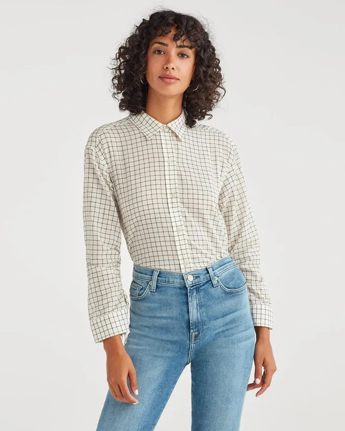 Tops Women 7 For All Mankind Button Up Shirt With Rouched Sleeve In Ivory Black Tops Women 7 For All Mankind Button Up Shirt With Rouched Sleeve In Ivory Black