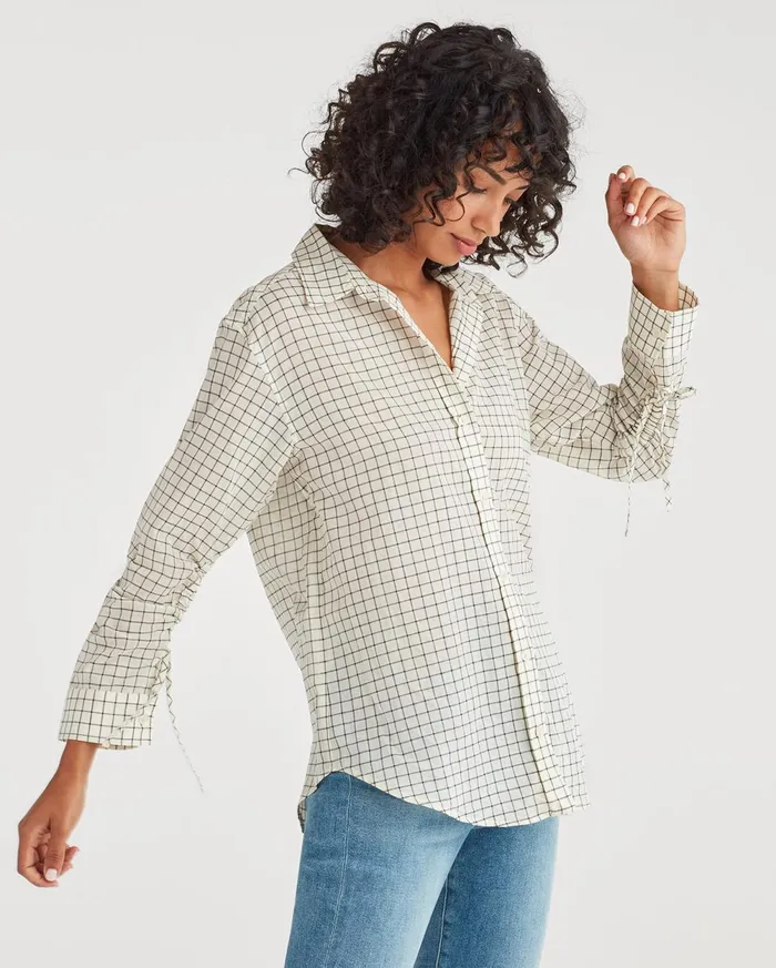 Tops Women 7 For All Mankind Button Up Shirt With Rouched Sleeve In Ivory Black
