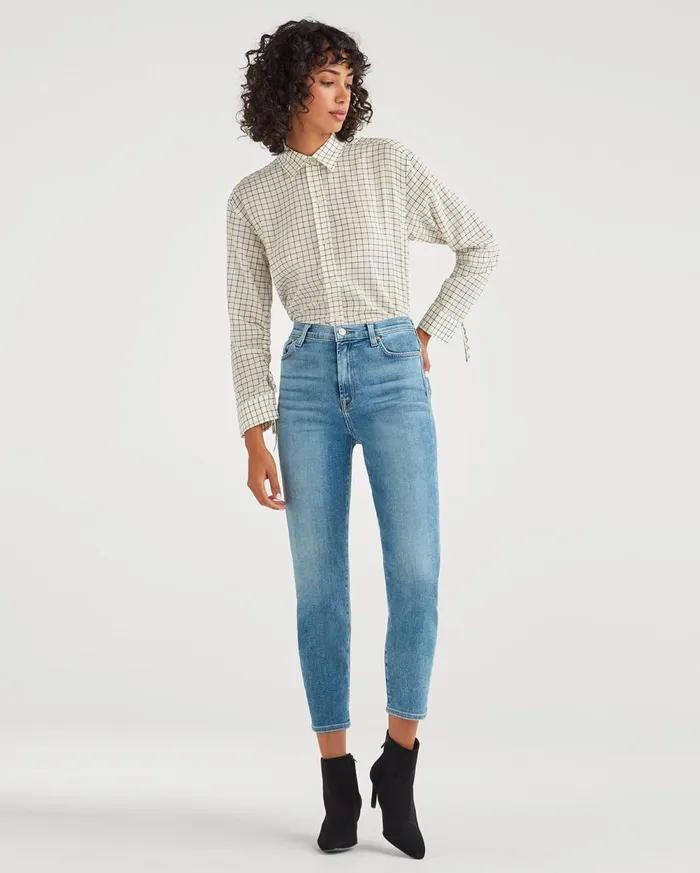 Tops Women 7 For All Mankind Button Up Shirt With Rouched Sleeve In Ivory Black