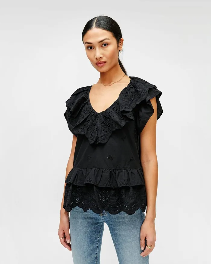 Tops Women 7 For All Mankind Double Ruffle Eyelet Top In Jet Black