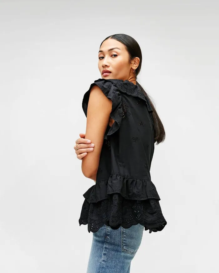Tops Women 7 For All Mankind Double Ruffle Eyelet Top In Jet Black