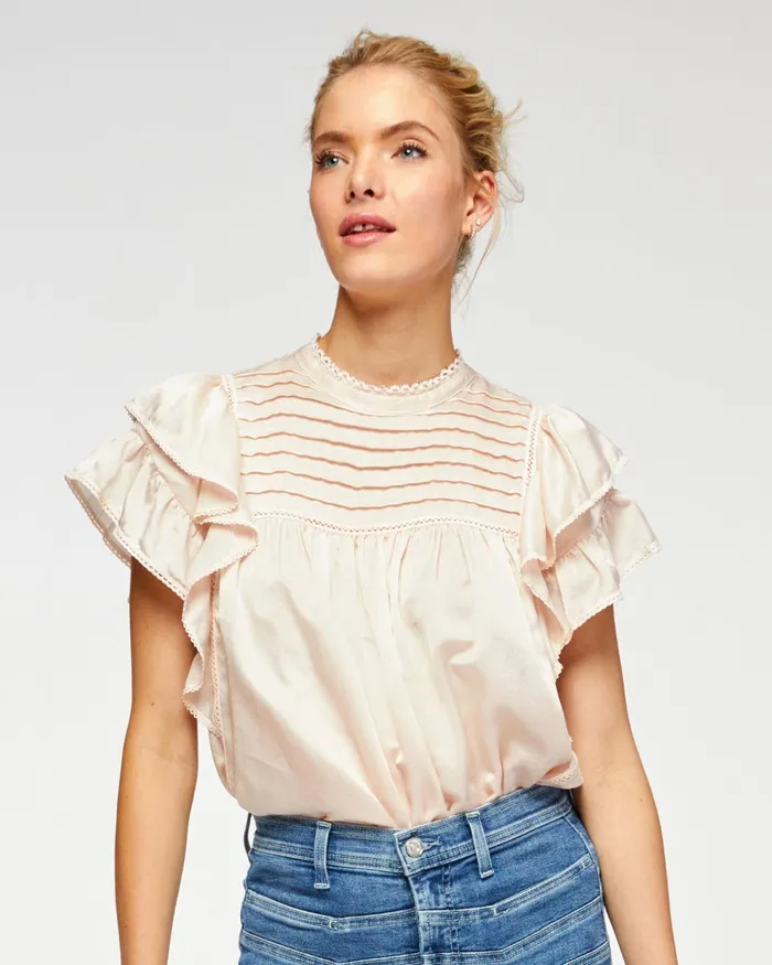 Tops Women 7 For All Mankind Ruffle Front Top With Lace Inserts In Cream Pink