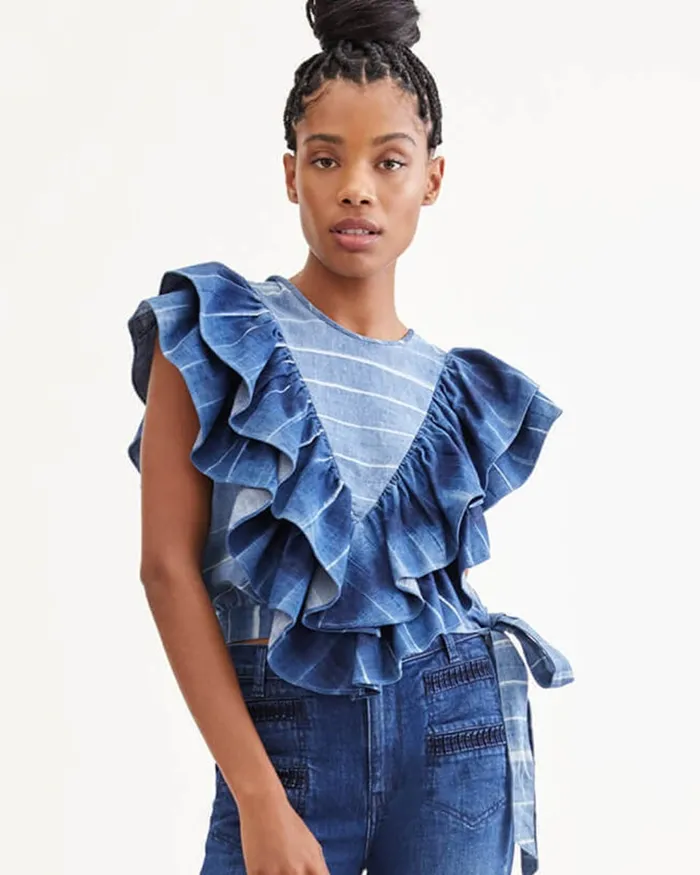 Tops Women 7 For All Mankind Sleeveless Belted Ruffle Top In Indigo Tie Dye