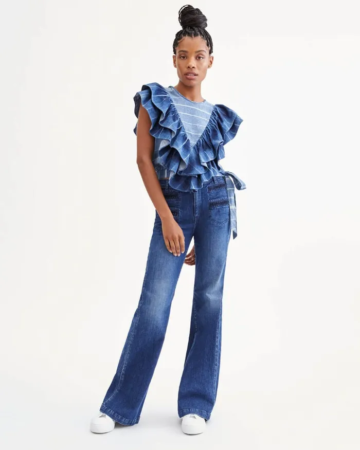 Tops Women 7 For All Mankind Sleeveless Belted Ruffle Top In Indigo Tie Dye