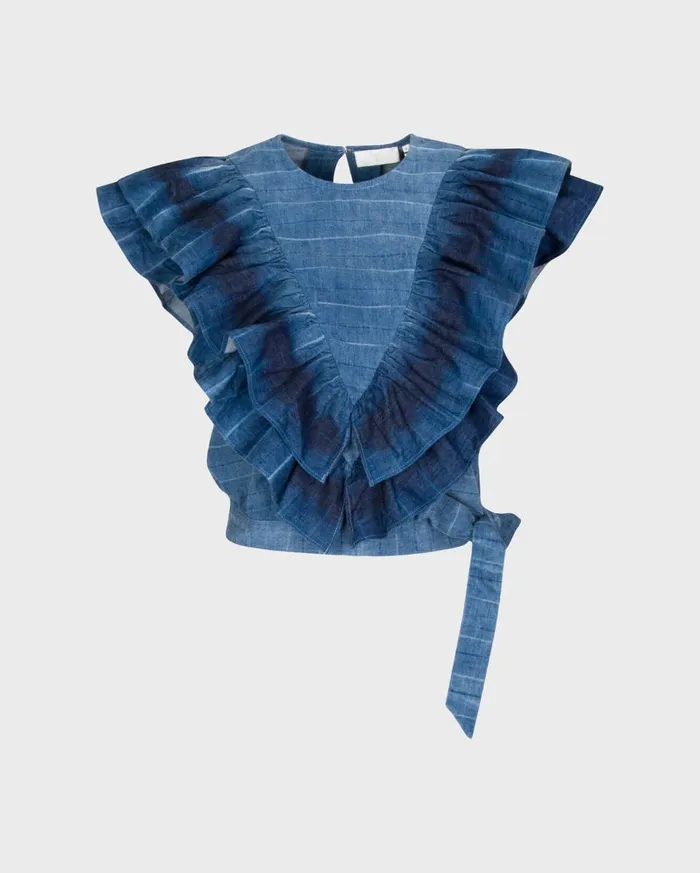 Tops Women 7 For All Mankind Sleeveless Belted Ruffle Top In Indigo Tie Dye