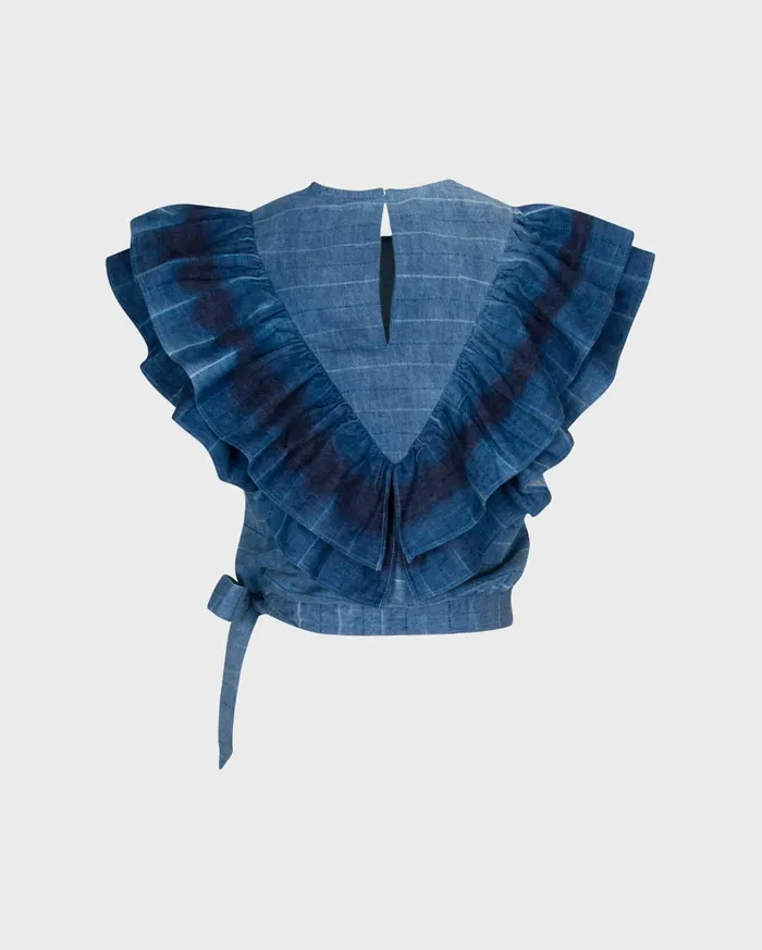 Tops Women 7 For All Mankind Sleeveless Belted Ruffle Top In Indigo Tie Dye