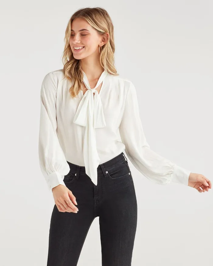 Tops Women 7 For All Mankind V Neck Tie Blouse In Optic White