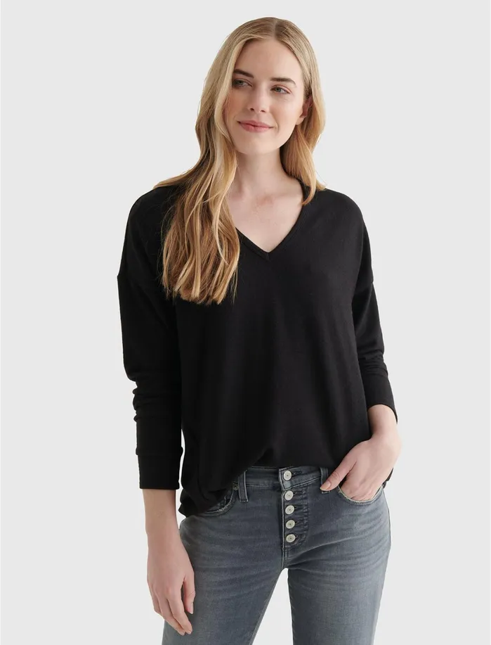 Tops Women Lucky Brand Hacci VNeck Top Jet Black