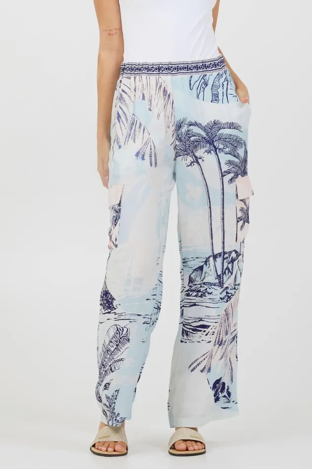 Vintage Havana All Bottoms Women Blue and Pink Scenic Print Placement Pants Blue Vintage Havana All Bottoms Women Blue and Pink Scenic Print Placement Pants Blue
