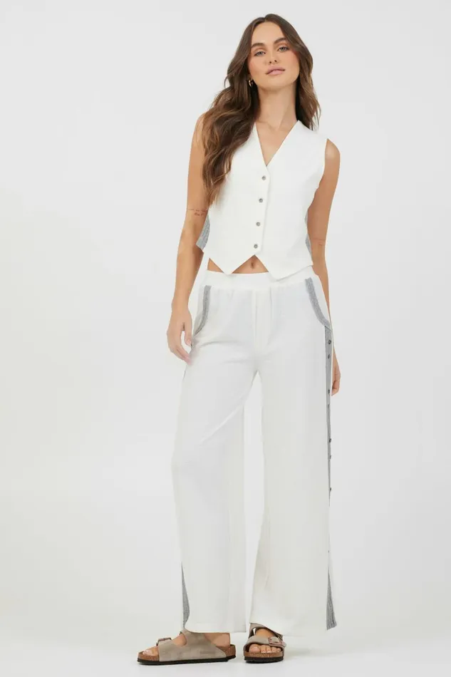 Vintage Havana All Bottoms Women Cream Heather Grey Texture Knit Pant W Contrast Rib Cream Heather Grey