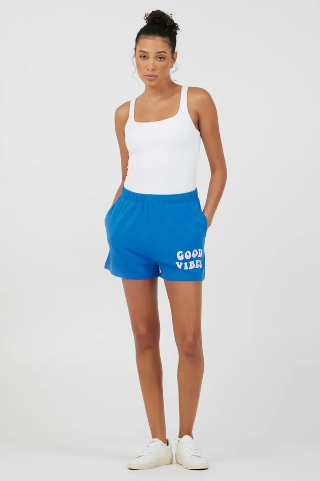 Vintage Havana All Bottoms Women Royal Blue W Pink Puff quotGood Vibesquot Surf Wash Shorts Royal Blue