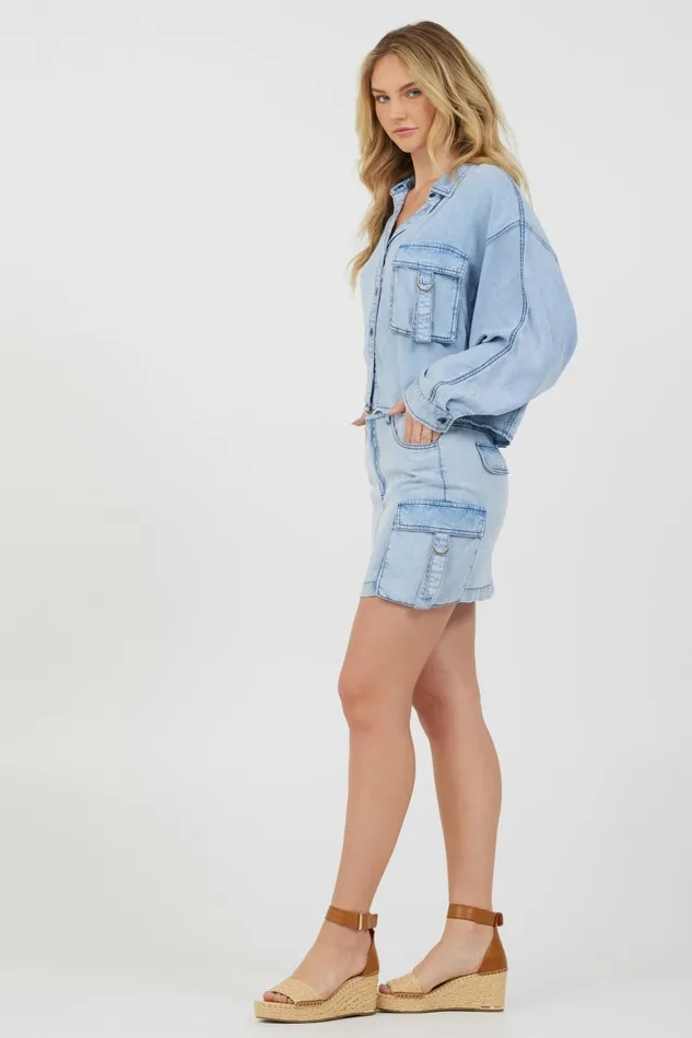 Vintage Havana All Bottoms Women Washed Denim Tencel Cargo Pocket Skirt Washed Denim