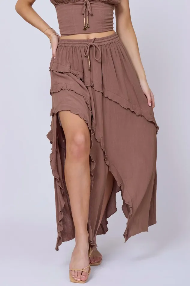 Vintage Havana All Bottoms Women Washed Mocha Rayon Crinkle Ruffle Maxi Skirt Washed Mocha Vintage Havana All Bottoms Women Washed Mocha Rayon Crinkle Ruffle Maxi Skirt Washed Mocha