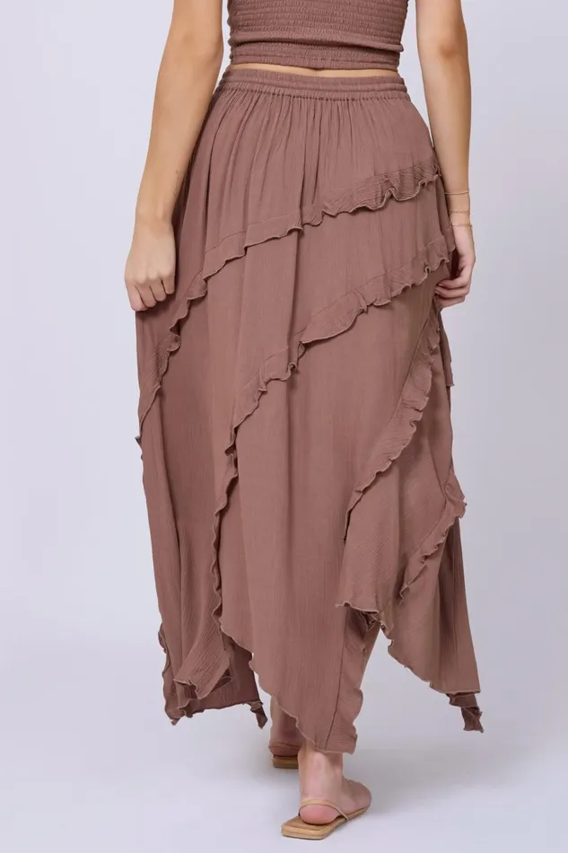 Vintage Havana All Bottoms Women Washed Mocha Rayon Crinkle Ruffle Maxi Skirt Washed Mocha