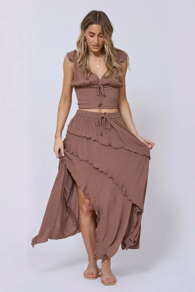 Vintage Havana All Bottoms Women Washed Mocha Rayon Crinkle Ruffle Maxi Skirt Washed Mocha