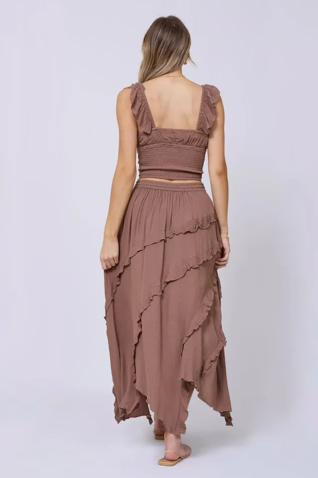 Vintage Havana All Bottoms Women Washed Mocha Rayon Crinkle Ruffle Maxi Skirt Washed Mocha