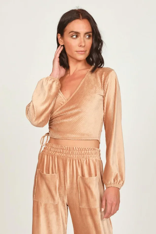 Vintage Havana Casual Tops Women Camel Velour Surplice Top Camel