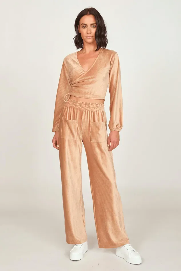 Vintage Havana Casual Tops Women Camel Velour Surplice Top Camel