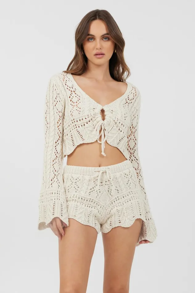 Vintage Havana Casual Tops Women Ivory Crochet Knit Long Sleeve Crop Ivory