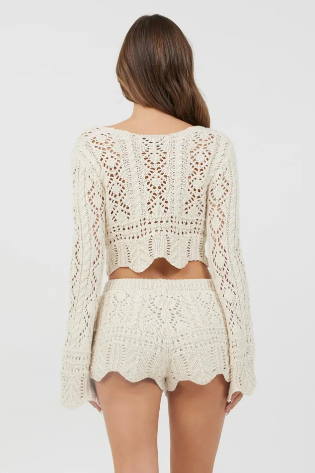 Vintage Havana Casual Tops Women Ivory Crochet Knit Long Sleeve Crop Ivory