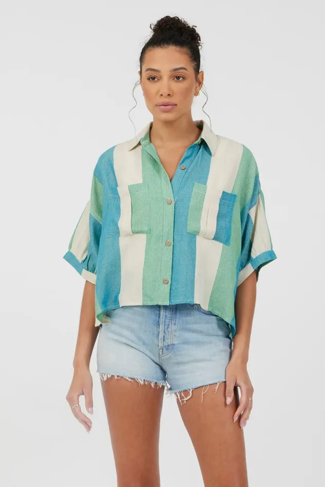 Vintage Havana Casual Tops Women Teal Green and Metallic Stripe Lightweight Button Up Teal Green Vintage Havana Casual Tops Women Teal Green and Metallic Stripe Lightweight Button Up Teal Green