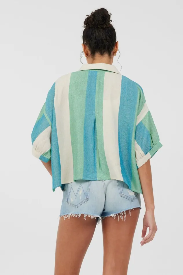 Vintage Havana Casual Tops Women Teal Green and Metallic Stripe Lightweight Button Up Teal Green