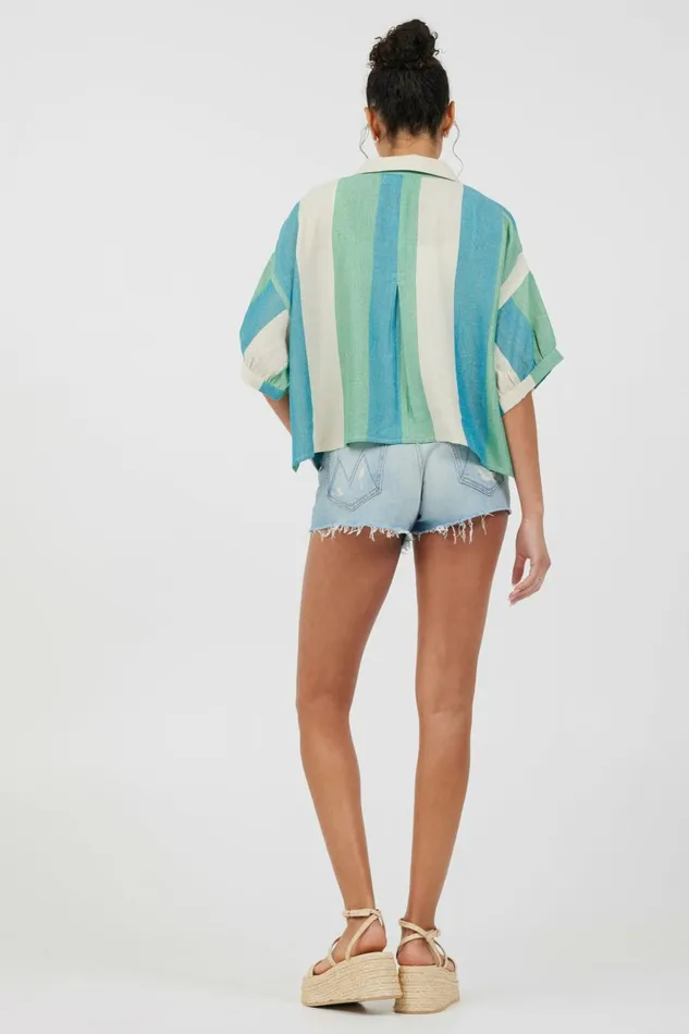 Vintage Havana Casual Tops Women Teal Green and Metallic Stripe Lightweight Button Up Teal Green