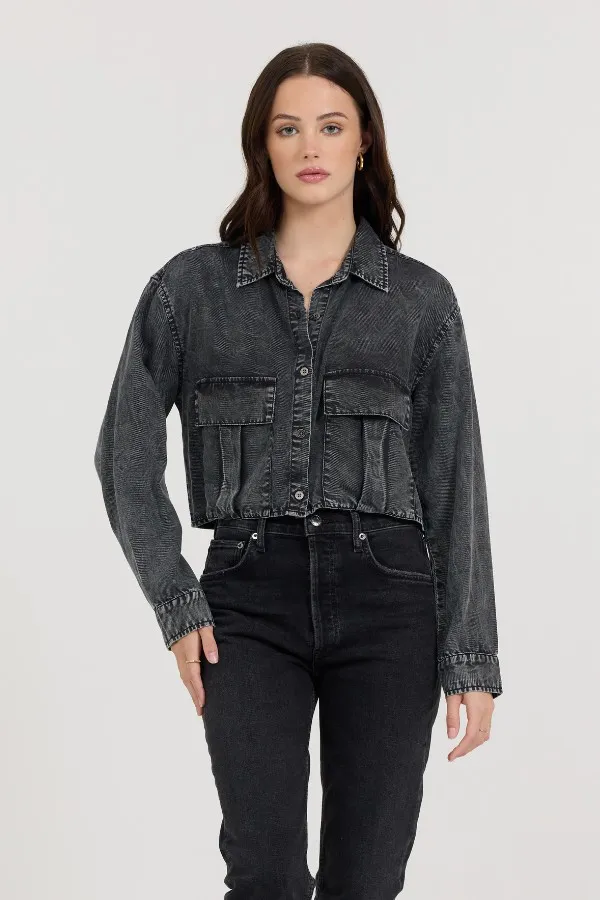 Vintage Havana Casual Tops Women Washed Black Cropped Pocket Detail Shirt Washed Black Vintage Havana Casual Tops Women Washed Black Cropped Pocket Detail Shirt Washed Black