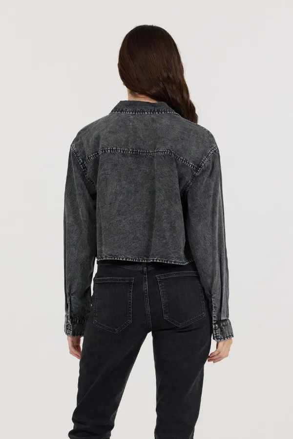 Vintage Havana Casual Tops Women Washed Black Cropped Pocket Detail Shirt Washed Black