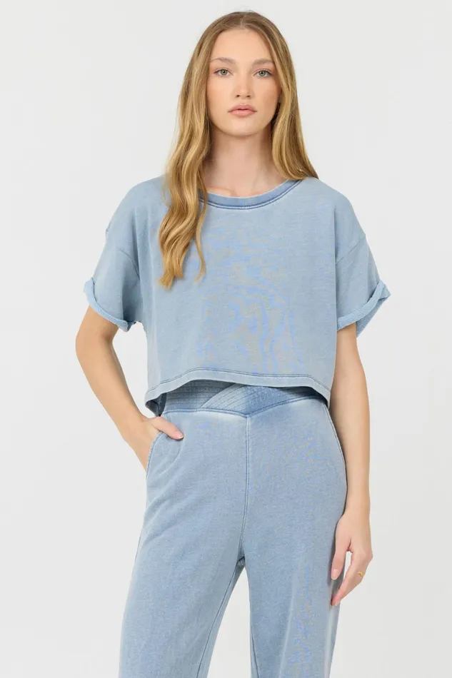 Vintage Havana Casual Tops Women Washed Denim Terry Fleece Cropped Shirt Washed Denim Vintage Havana Casual Tops Women Washed Denim Terry Fleece Cropped Shirt Washed Denim