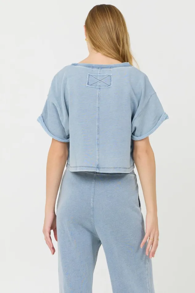 Vintage Havana Casual Tops Women Washed Denim Terry Fleece Cropped Shirt Washed Denim