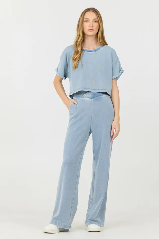 Vintage Havana Casual Tops Women Washed Denim Terry Fleece Cropped Shirt Washed Denim