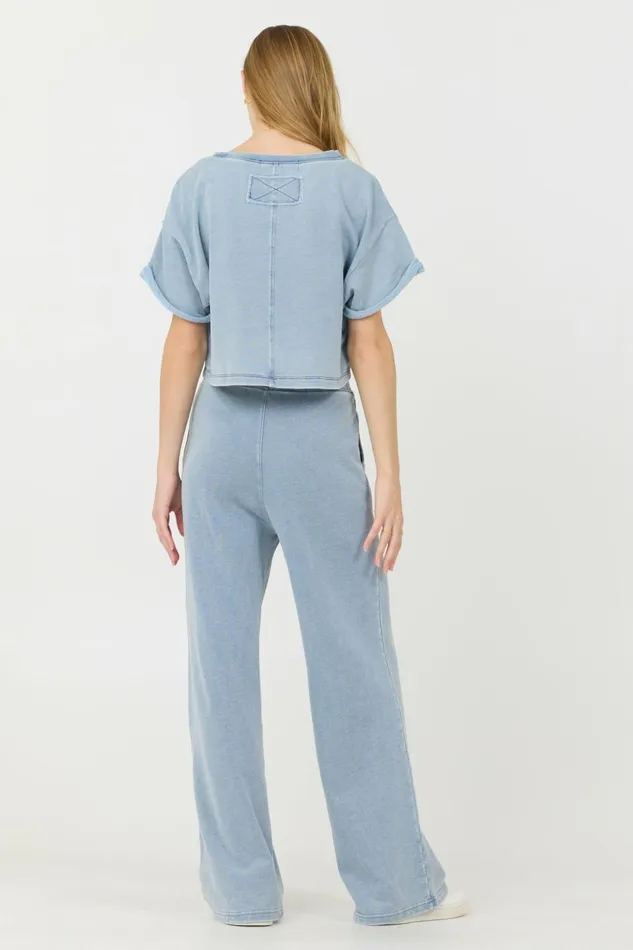 Vintage Havana Casual Tops Women Washed Denim Terry Fleece Cropped Shirt Washed Denim