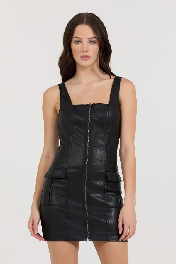Vintage Havana Dresses Women Black Leather Zip Front Dress Black