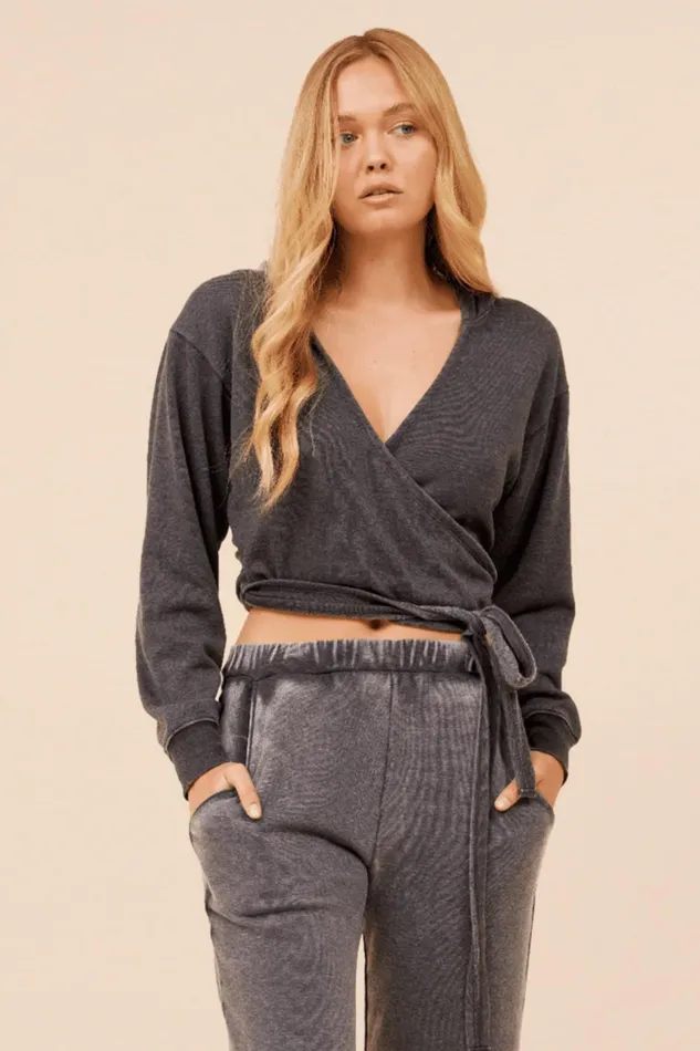 Vintage Havana Hoodies Women Heather Charcoal Lightweight Fleece Surplice Hoodie Grey