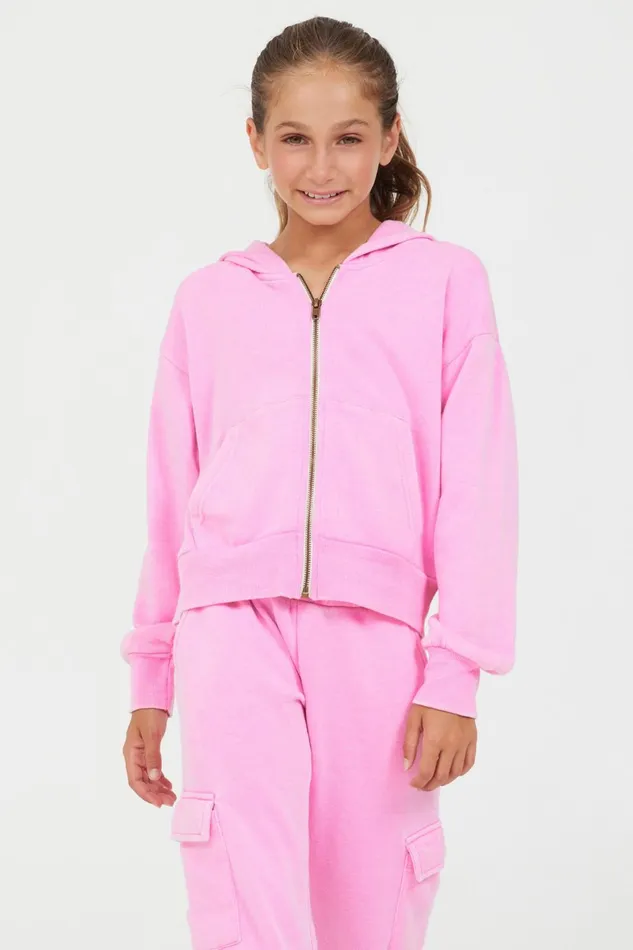 Vintage Havana Hoodies Women Pink Solid Crop Zip Hoodie