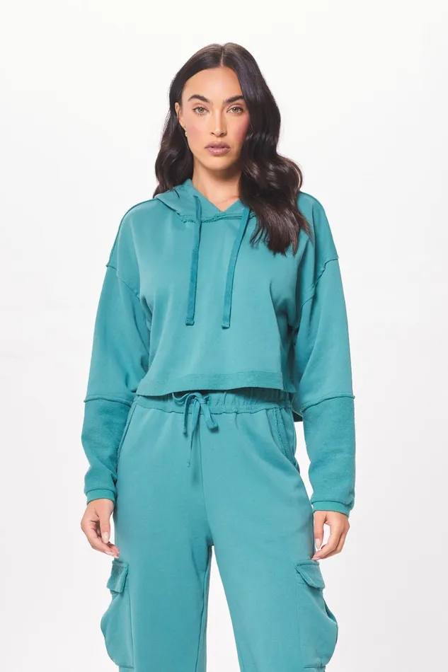 Vintage Havana Hoodies Women Teal Green Terry Cargo Fleece Hoodie Teal Green