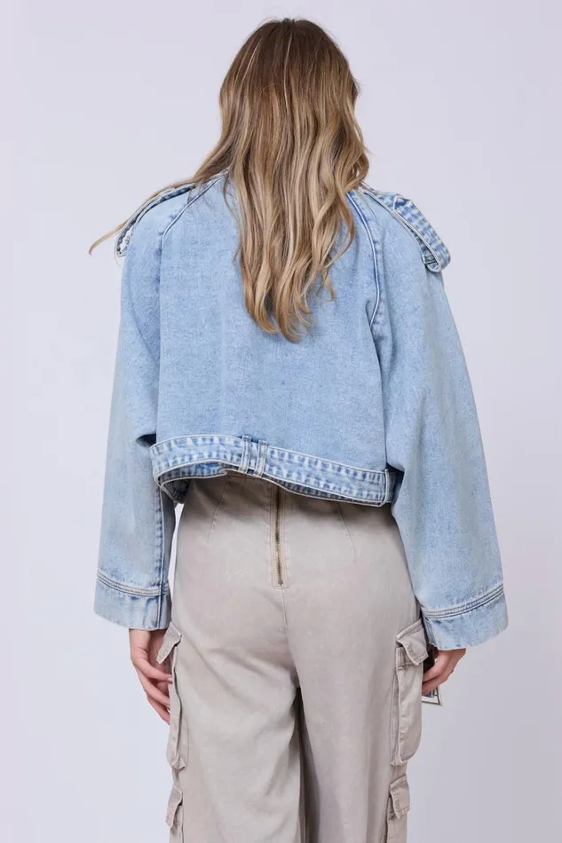 Vintage Havana Outerwear Women Light Wash Denim Cropped Moto Jacket Light Wash