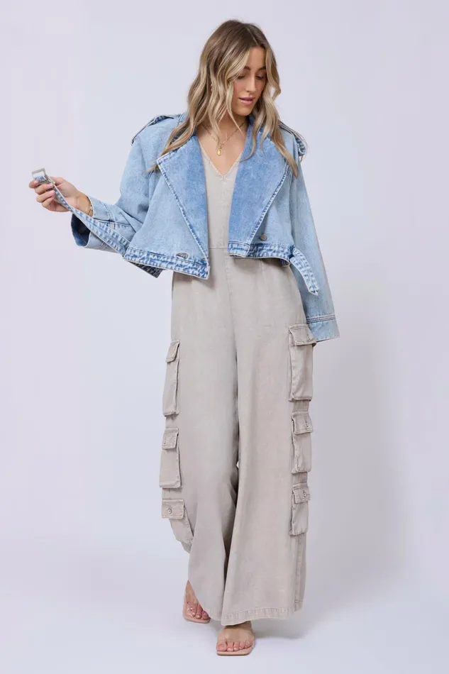 Vintage Havana Outerwear Women Light Wash Denim Cropped Moto Jacket Light Wash