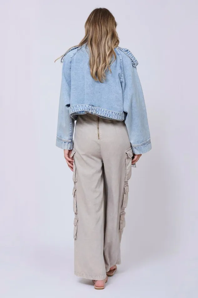 Vintage Havana Outerwear Women Light Wash Denim Cropped Moto Jacket Light Wash