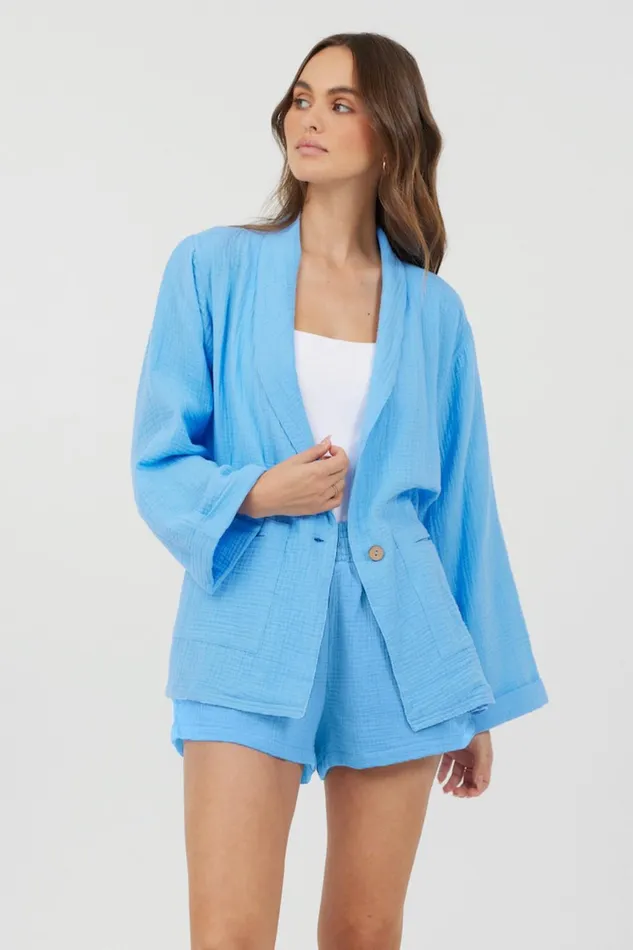 Vintage Havana Outerwear Women Ocean Blue Washed Gauze Blazer Ocean Blue