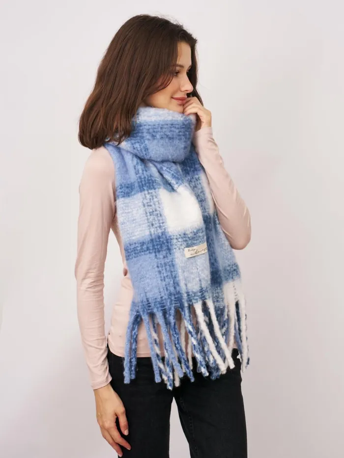 Vintage Havana Scarf Ruanas Women CHECK TASSEL SCARF 8211 BLUE Blue