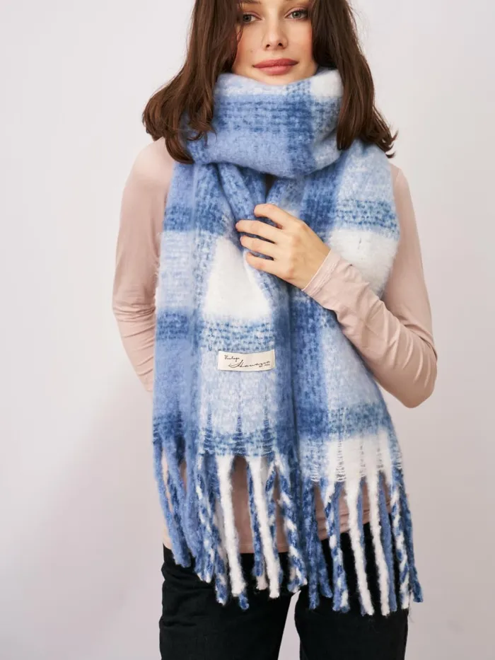 Vintage Havana Scarf Ruanas Women CHECK TASSEL SCARF 8211 BLUE Blue Vintage Havana Scarf Ruanas Women CHECK TASSEL SCARF 8211 BLUE Blue