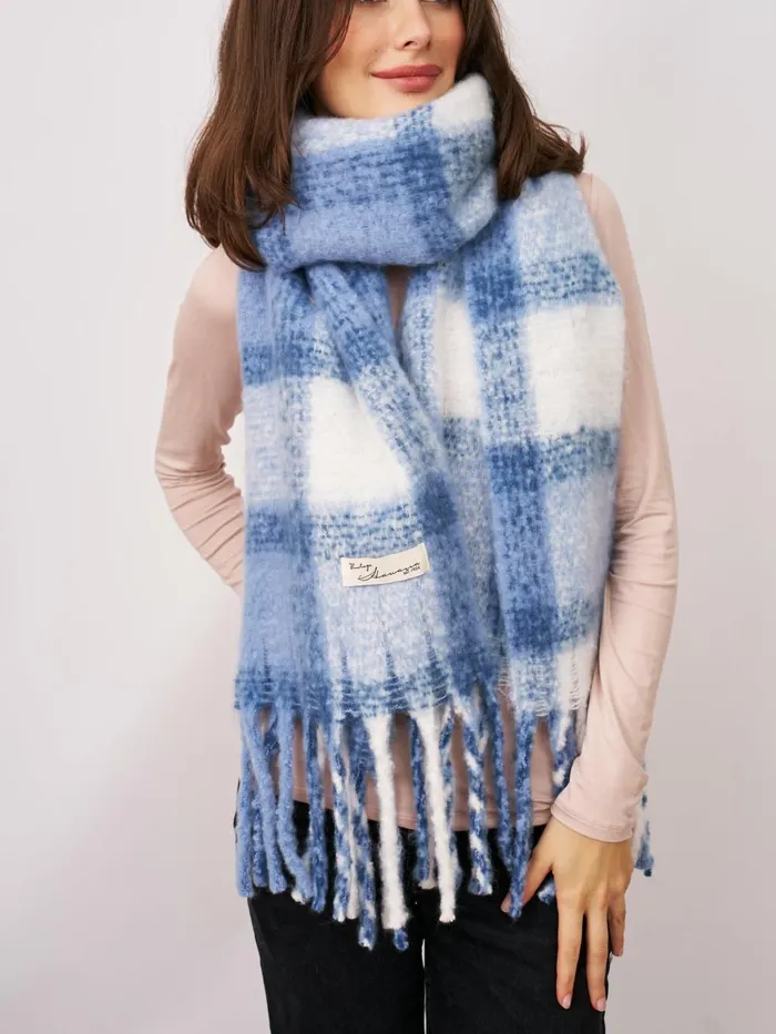 Vintage Havana Scarf Ruanas Women CHECK TASSEL SCARF 8211 BLUE Blue Vintage Havana Scarf Ruanas Women CHECK TASSEL SCARF 8211 BLUE Blue