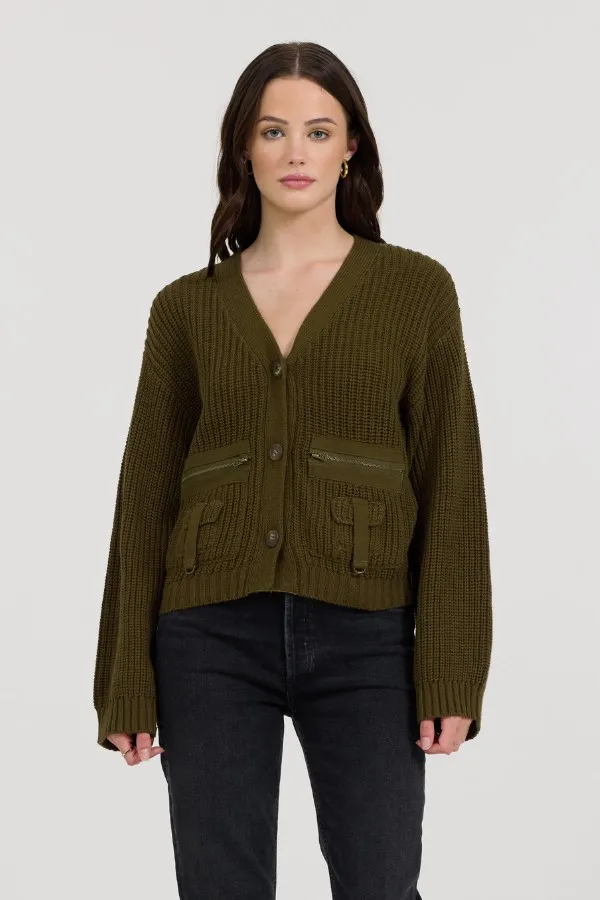 Vintage Havana Sweaters Women Deep Olive Fitted Utilty Cardigan Deep Olive