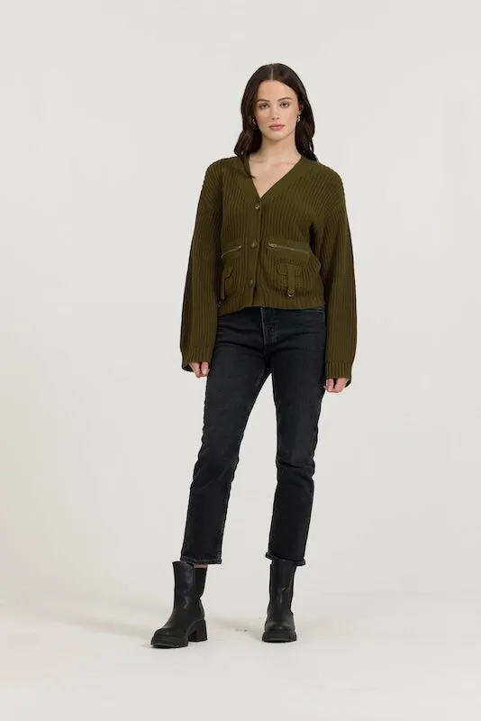 Vintage Havana Sweaters Women Deep Olive Fitted Utilty Cardigan Deep Olive
