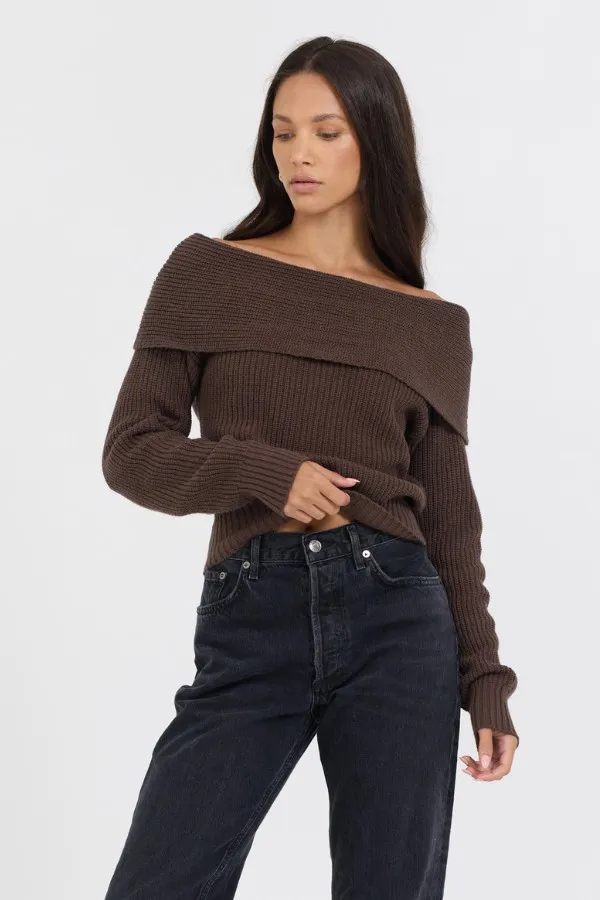 Vintage Havana Sweaters Women Espresso Off ShoulderBack Zip Sweater Espresso