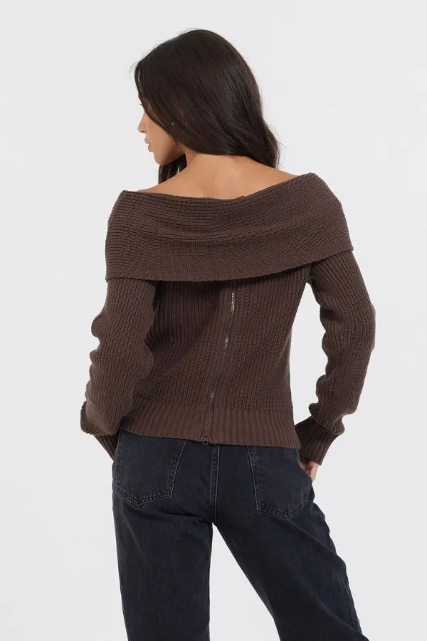 Vintage Havana Sweaters Women Espresso Off ShoulderBack Zip Sweater Espresso